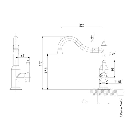 NS738-Nostalgia-Sink-Mixer-220mm-Shepherds-Crook-Line-Drawing