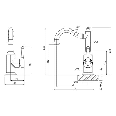 NS748_Nostalgia_Basin_Mixer_160mm_Shepherds_Crook_Line_Drawing