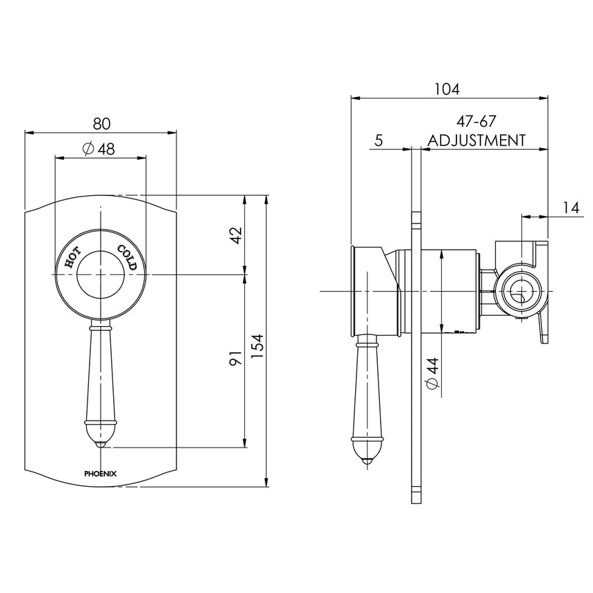 Phoenix Nostalgia Shower / Wall Mixer Chrome, technical line drawing with dimensions