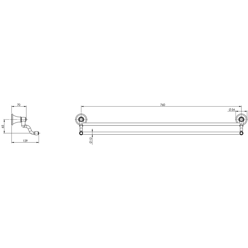 Phoenix Nostalgia Double Towel Rail 760mm Brushed Nickel, technical line drawing with dimensions