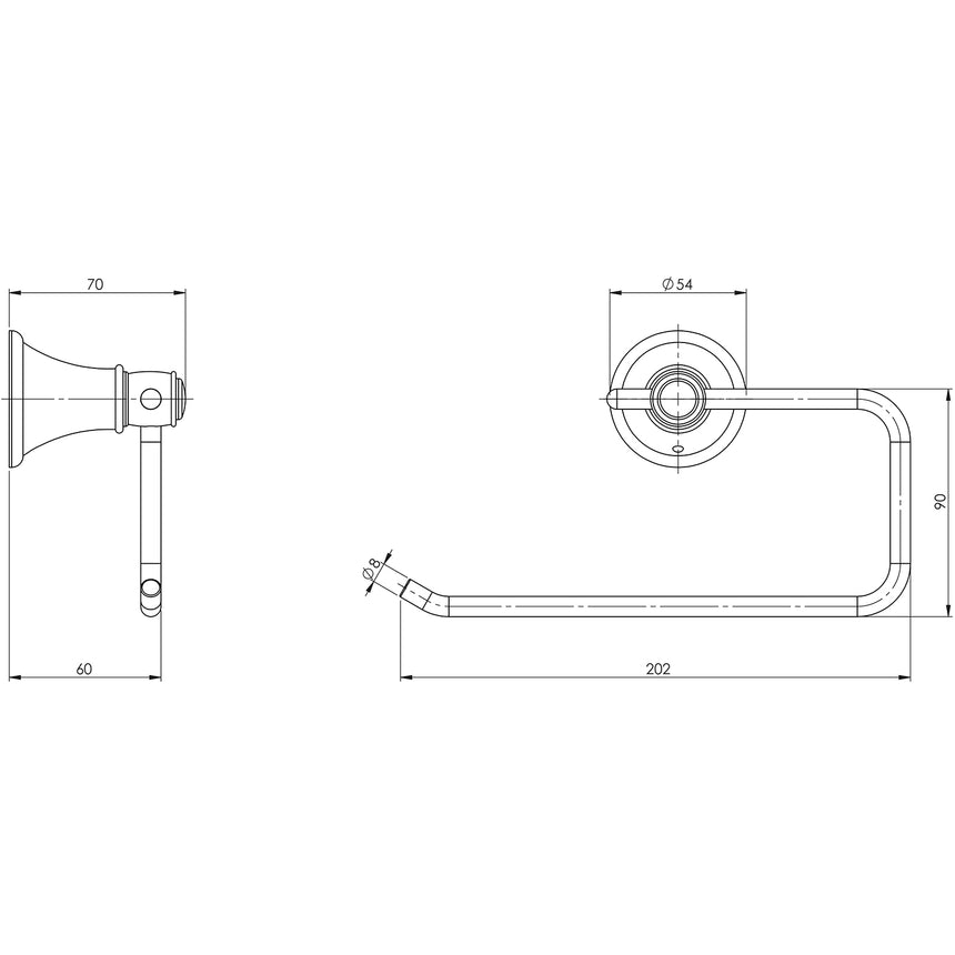Phoenix Nostalgia Hand Towel Holder Brushed Nickel, technical line drawing with dimensions
