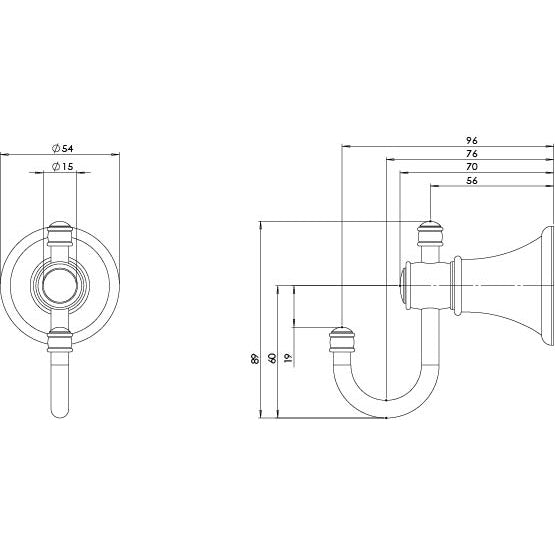 Phoenix Nostalgia Robe Hook Chrome, technical line drawing with dimensions