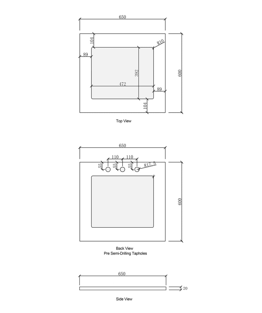 Dimension drawing of 650mm laundry stone top showing sink cut-out and semi-drilled tap holes
