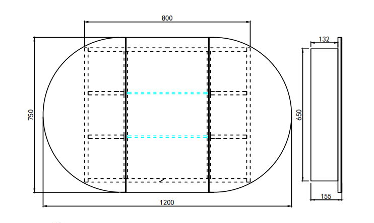 Lukka technical dimensions diagram for Allison 1200mm triple-door LED shaving cabinet by Tilemall