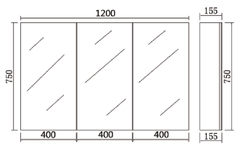 Technical dimensions diagram for Lukka Alpha 1200x750mm shaving cabinet by Tilemall