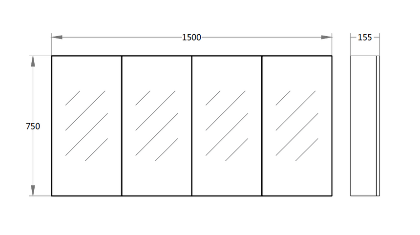 Technical dimensions diagram for Lukka Alpha 1500x750mm shaving cabinet by Tilemall