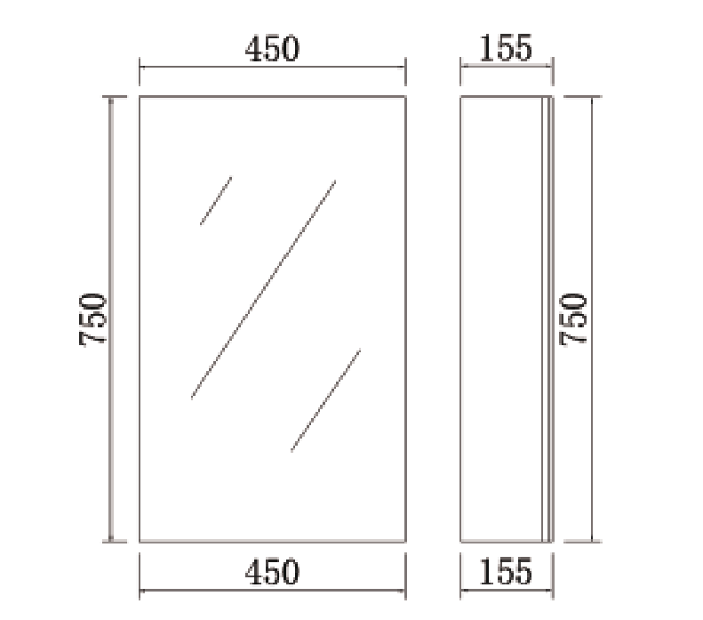 Technical dimensions diagram for Lukka Alpha 450x750mm shaving cabinet by Tilemall