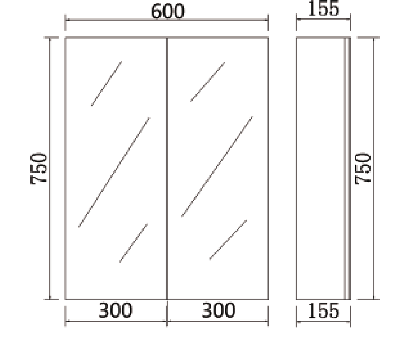 Technical dimensions diagram for Lukka Alpha 600x750mm shaving cabinet by Tilemall