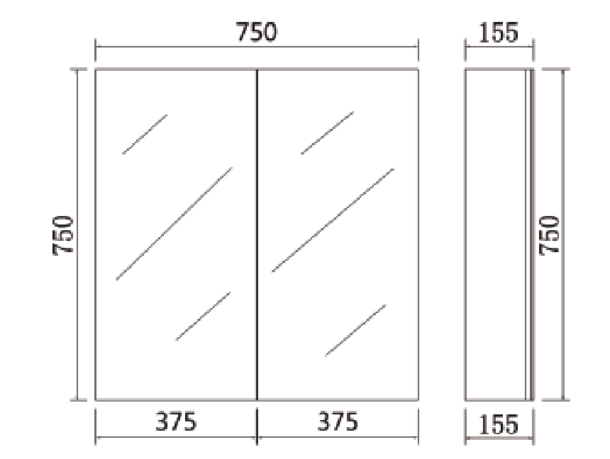 Technical dimensions diagram for Lukka Alpha 750x750mm shaving cabinet by Tilemall