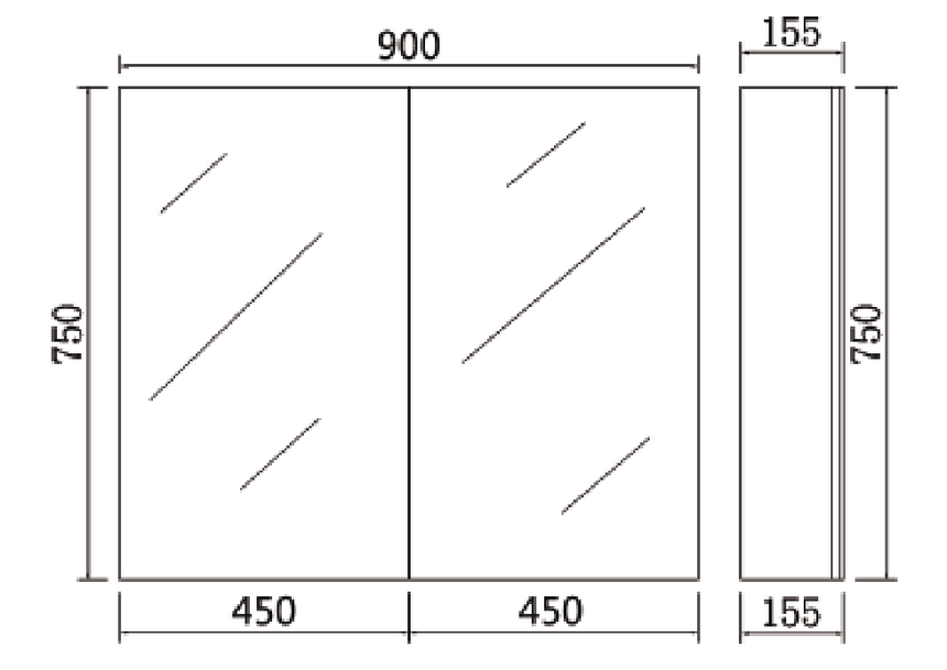Technical dimensions diagram for Lukka Alpha 900x750mm shaving cabinet by Tilemall