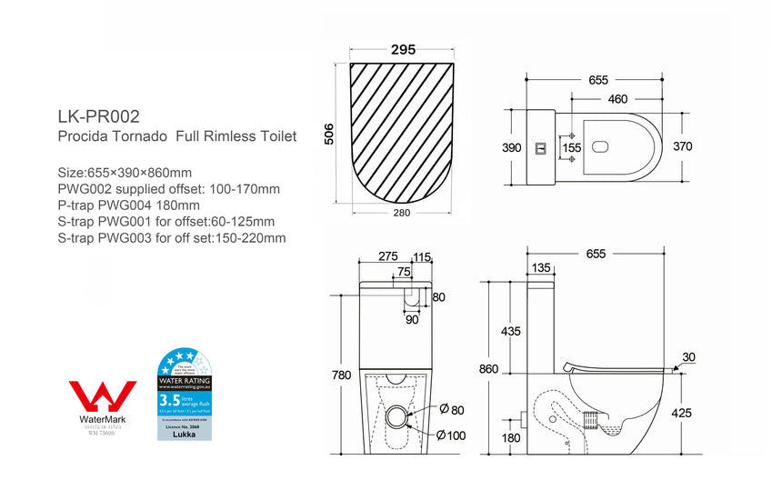 Technical dimensions diagram for Lukka Procida Tornado rimless toilet 655x390x860mm by Tilemall