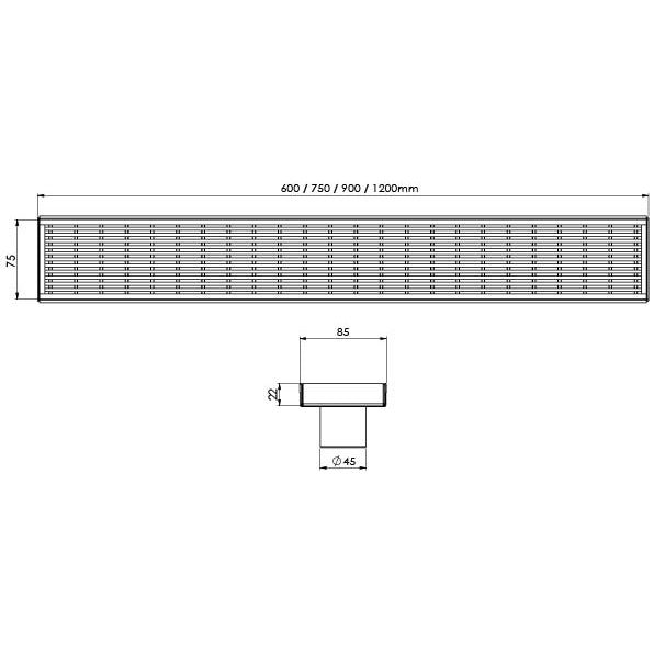 Phoenix Flat Channel Drain HG 75 x 1200mm Outlet 45mm Stainless Steel, technical line drawing with dimensions