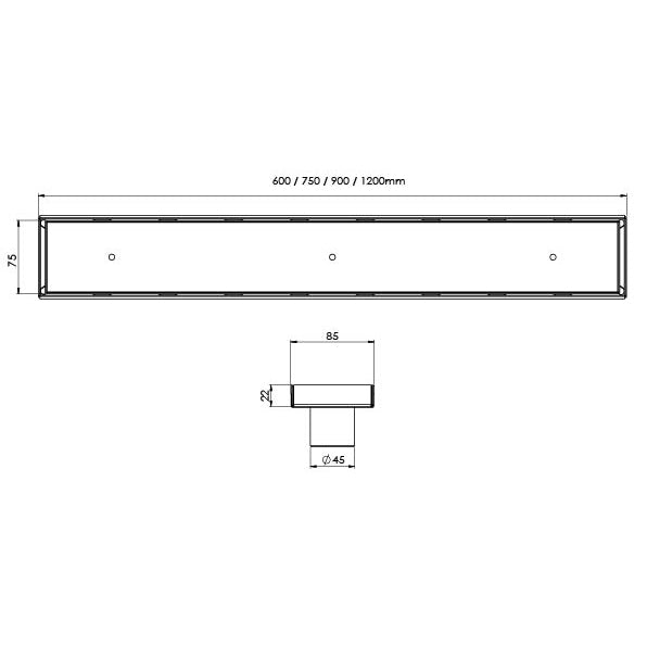Phoenix Flat Channel Drain TI 75 x 750mm Outlet 45mm Stainless Steel, technical line drawing with dimensions