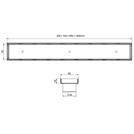 Phoenix_Flat_Channel_Drain_TI_75_x_Various_Lengths_Outlet_65mm_Line_Drawing
