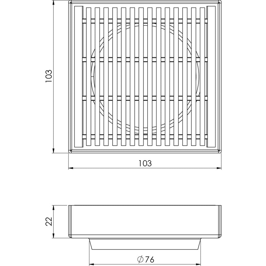 Phoenix Point Drain HG 100mm Outlet 76mm Stainless Steel, technical line drawing with dimensions