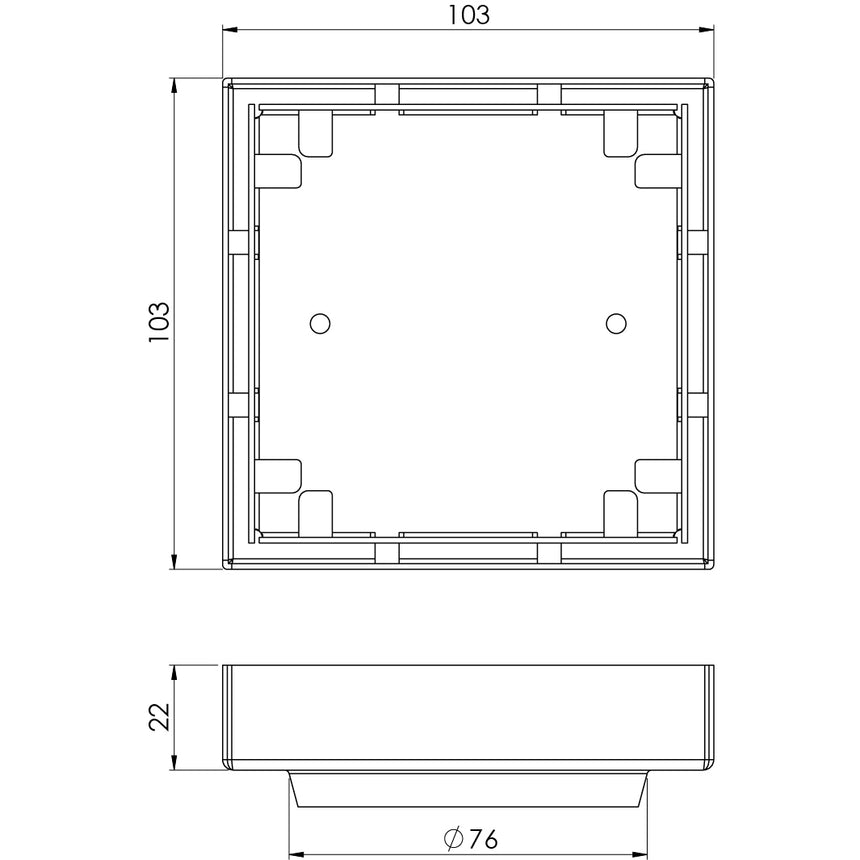 Phoenix Point Drain TI 100mm Outlet 76mm Matte Black, technical line drawing with dimensions