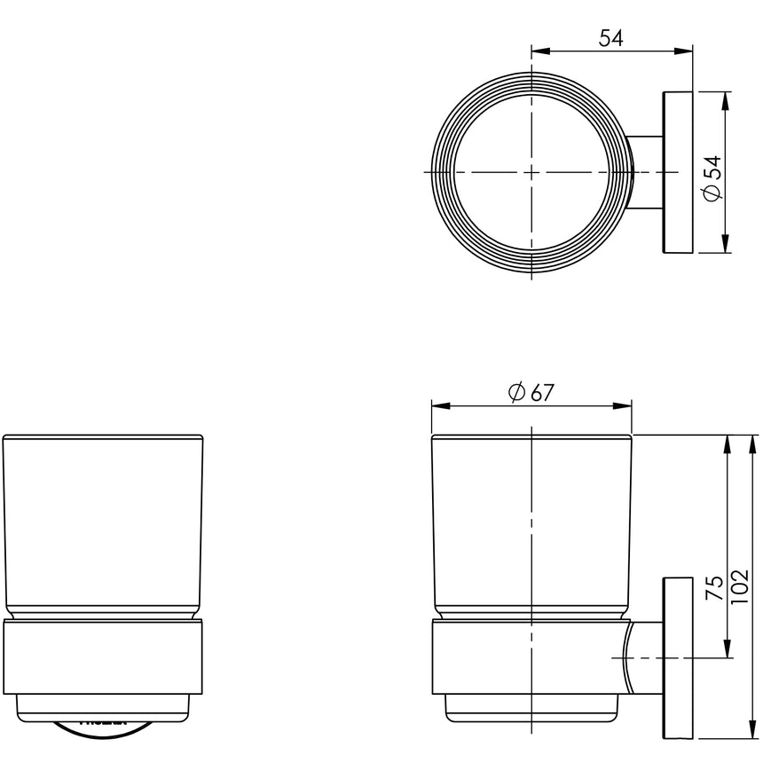 Phoenix Radii Tumbler & Holder Round Chrome, technical line drawing with dimensions
