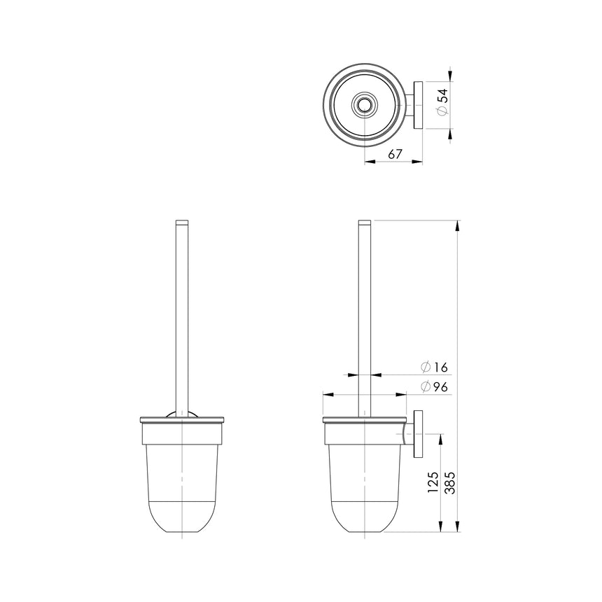 Phoenix Radii Toilet Brush & Holder Round Chrome, technical line drawing with dimensions