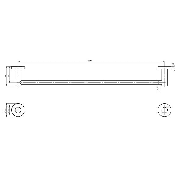 Phoenix Radii SS 316 Single Towel Rail Round Plate 600mm Stainless Steel, technical line drawing with dimensions