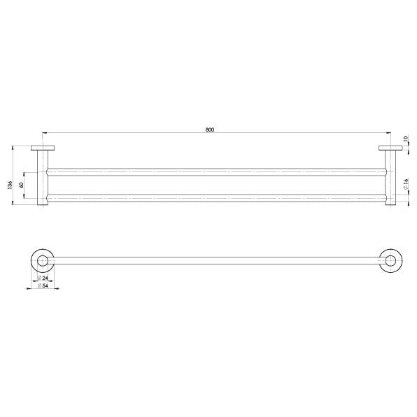 Phoenix Radii SS 316 Double Towel Rail Round Plate 800mm Stainless Steel, technical line drawing with dimensions