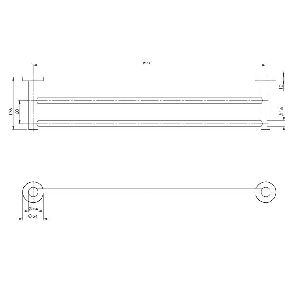 Phoenix Radii Double Towel Rail 600mm Round Plate Brushed Gold, technical line drawing with dimensions