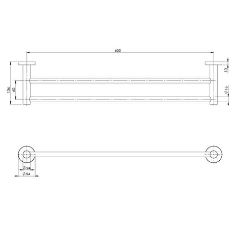 RA813_Radii_Double_Towel_Rail_600mm_Round_Plate_Line_Drawing