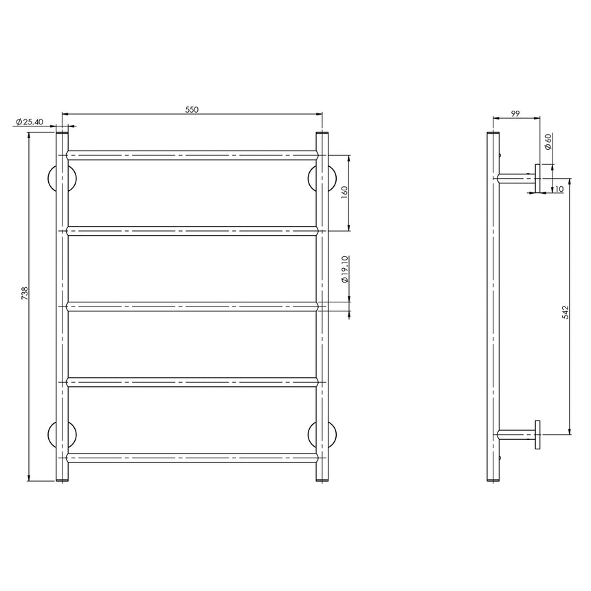 Phoenix Radii Towel Ladder 550 x 740mm Round Plate Matte Black, technical line drawing with dimensions