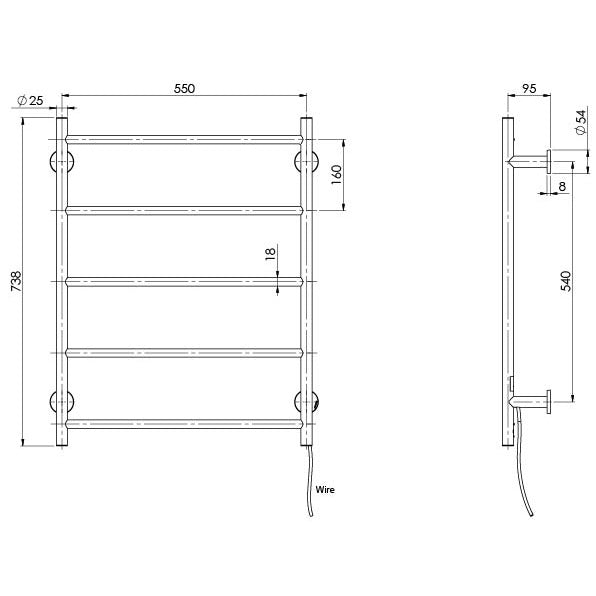 Phoenix Radii Heated Towel Ladder 550 x 740mm Round Plate Brushed Nickel, technical line drawing with dimensions