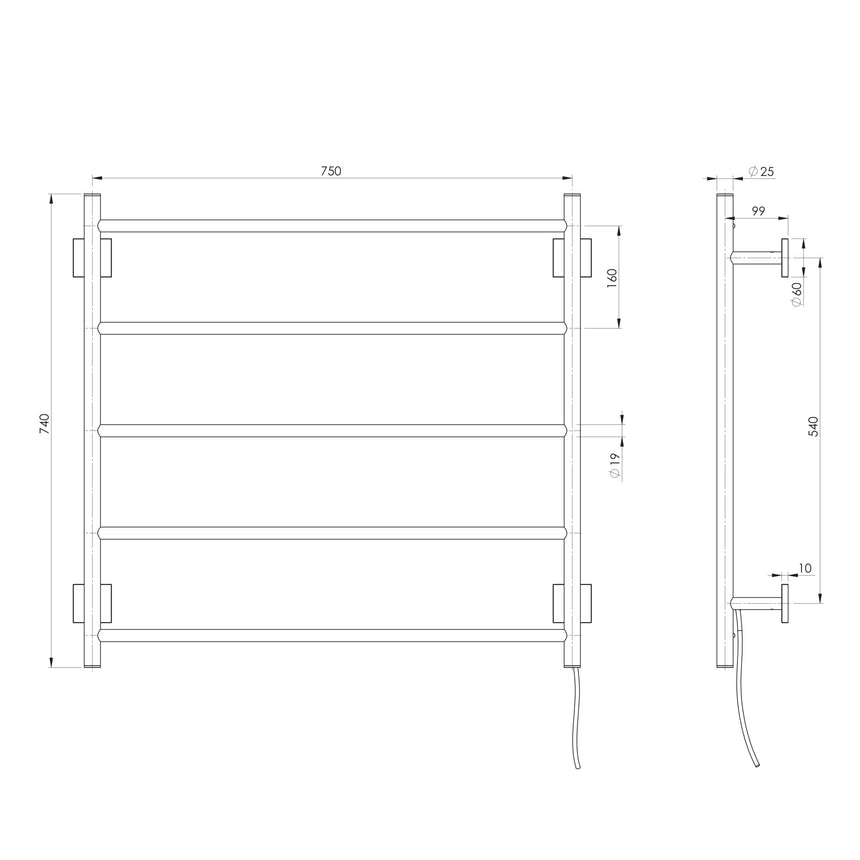 Phoenix Radii Heated Towel Ladder 750mm x 740mm Brushed Carbon, technical line drawing with dimensions