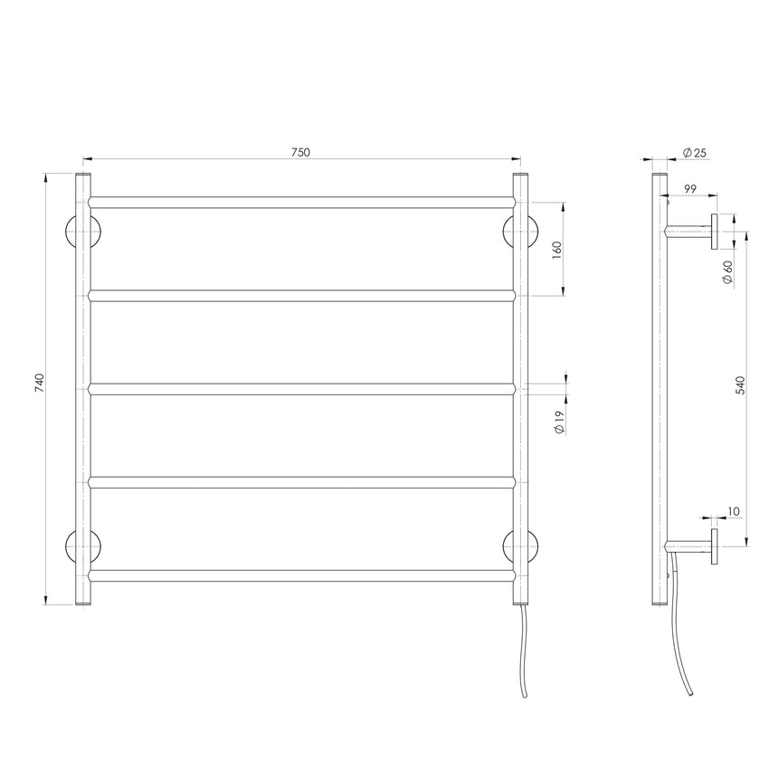 Phoenix Radii Heated Towel Ladder 750mm x 740mm Brushed Nickel, technical line drawing with dimensions