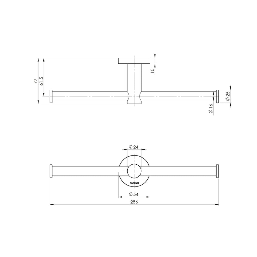 Phoenix Radii Double Toilet Roll Holder Round Plate Chrome, technical line drawing with dimensions