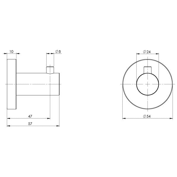Phoenix Radii Robe Hook Round Plate Matte Black, technical line drawing with dimensions