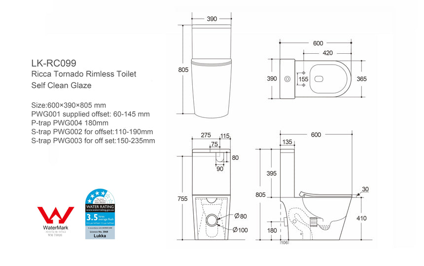 Technical dimensions diagram for Lukka Ricca Tornado rimless toilet, 600x390x805mm, self-clean glaze by Tilemall