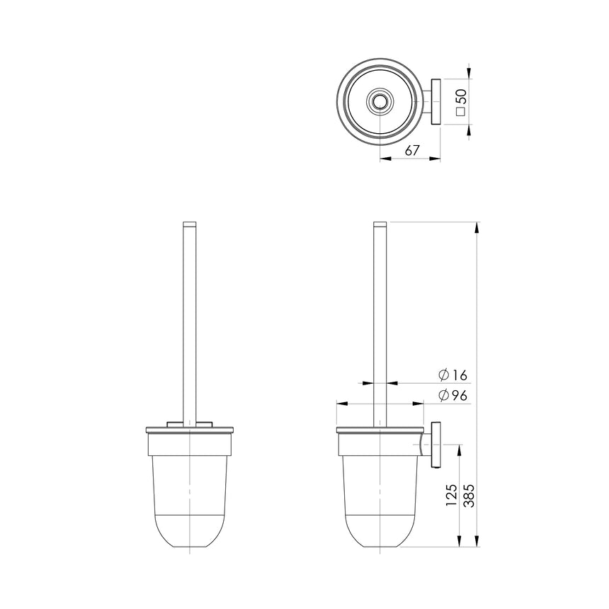 Phoenix Radii Toilet Brush & Holder Square Chrome, technical line drawing with dimensions