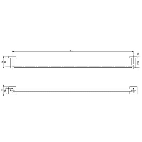 Phoenix Radii Single Towel Rail 800mm Square Plate Chrome, technical line drawing with dimensions
