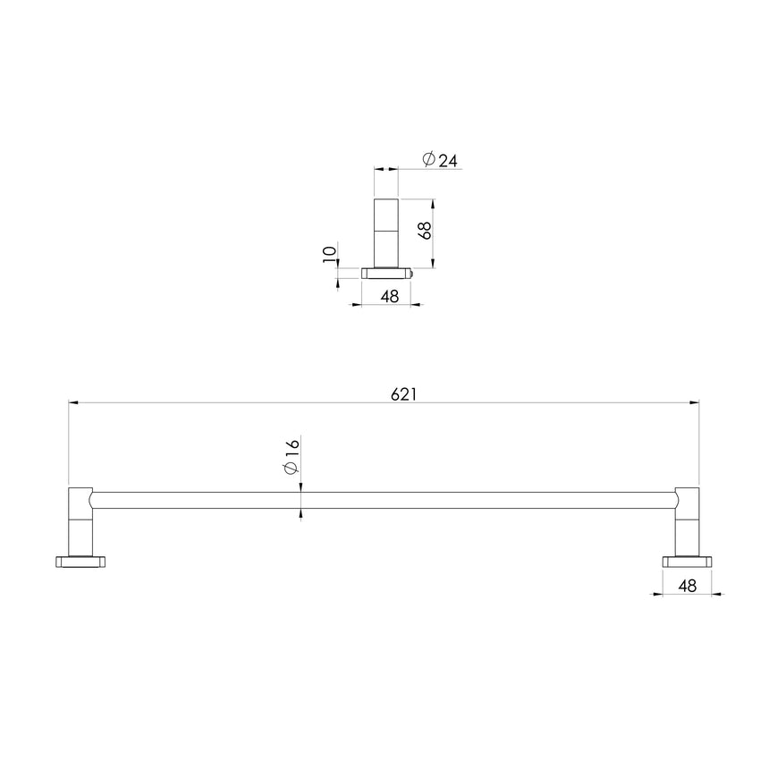 Phoenix Radii SS 316 Single Towel Rail Square Plate 600mm Stainless Steel, technical line drawing with dimensions