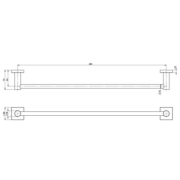 Phoenix Radii Single Towel Rail 600mm Square Plate Brushed Nickel, technical line drawing with dimensions