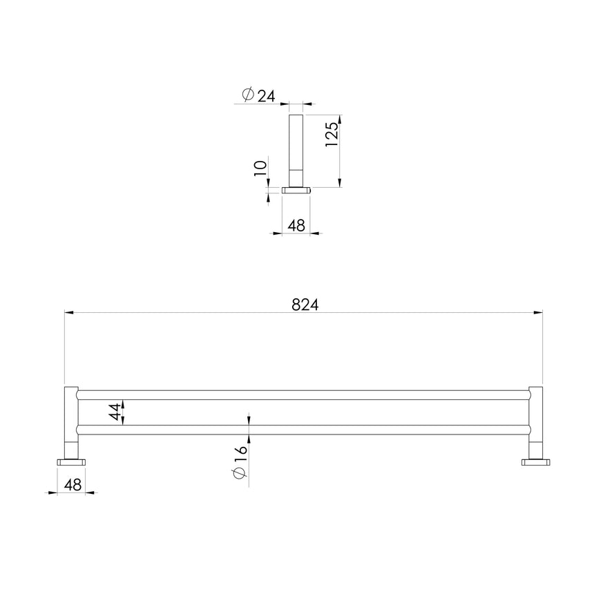 Phoenix Radii SS 316 Double Towel Rail Square Plate 800mm Stainless Steel, technical line drawing with dimensions