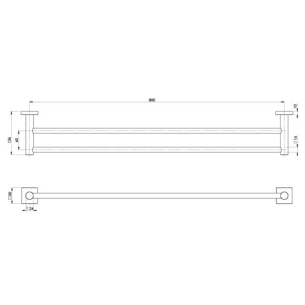 Phoenix Radii Double Towel Rail 800mm Square Plate Brushed Nickel, technical line drawing with dimensions