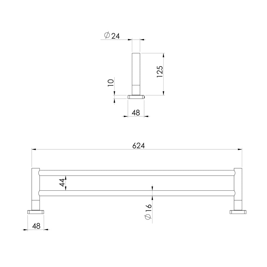 Phoenix Radii SS 316 Double Towel Rail Square Plate 600mm Stainless Steel, technical line drawing with dimensions