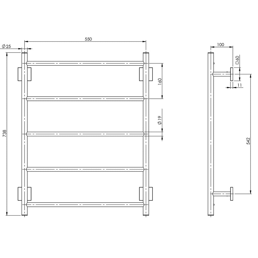 Phoenix Radii Towel Ladder 550 x 740mm Square Plate Matte Black, technical line drawing with dimensions
