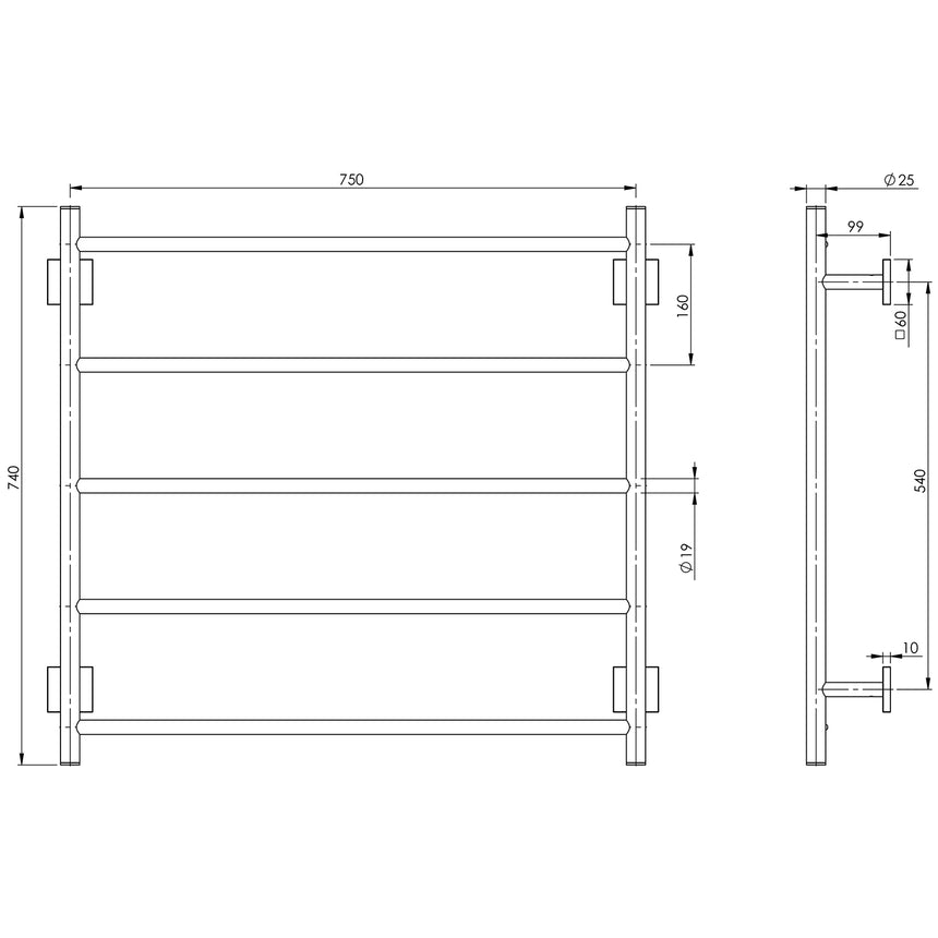 Phoenix Radii Towel Ladder 750 x 740mm Square Plate Chrome, technical line drawing with dimensions