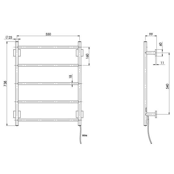 Phoenix Radii Heated Towel Ladder 550 x 740mm Square Plate Brushed Nickel, technical line drawing with dimensions