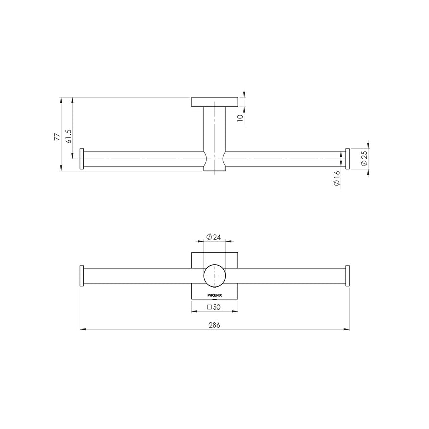 Phoenix Radii Double Toilet Roll Holder Square Plate Chrome, technical line drawing with dimensions