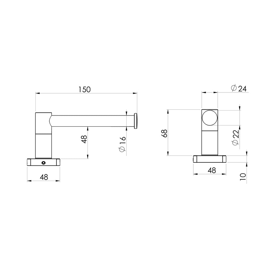 Phoenix Radii SS 316 Toilet Roll Holder Square Plate Stainless Steel, technical line drawing with dimensions