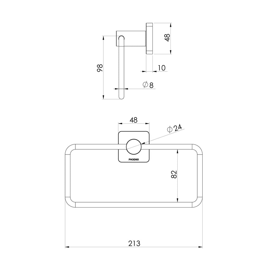 Phoenix Radii SS 316 Hand Towel Holder Square Plate Stainless Steel, technical line drawing with dimensions