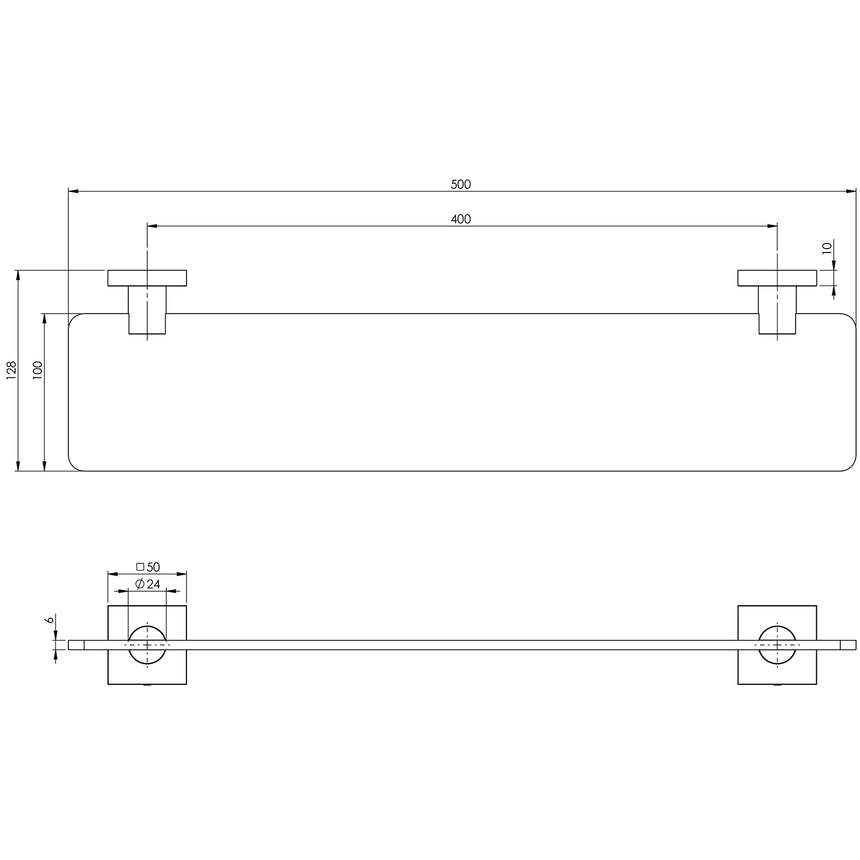Phoenix Radii Glass Shelf Square Plate Chrome, technical line drawing with dimensions