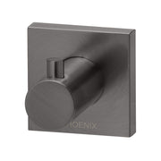 Phoenix Radii robe hook with square plate in brushed carbon by Tilemall, cylindrical hook on textured finish
