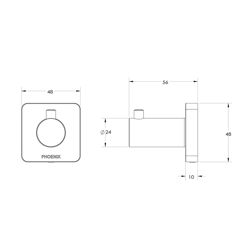 Phoenix Radii SS 316 Robe Hook Square Plate Stainless Steel, technical line drawing with dimensions