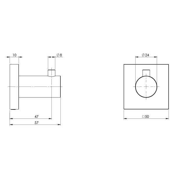 Phoenix Radii Robe Hook Square Plate Chrome, technical line drawing with dimensions